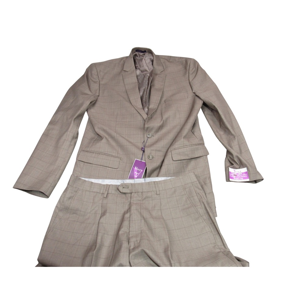 Vinci Mens Tan Windowpane Plaid 2 Piece Suit 44L Jacket 38W Pants V2RW-15 NWT
